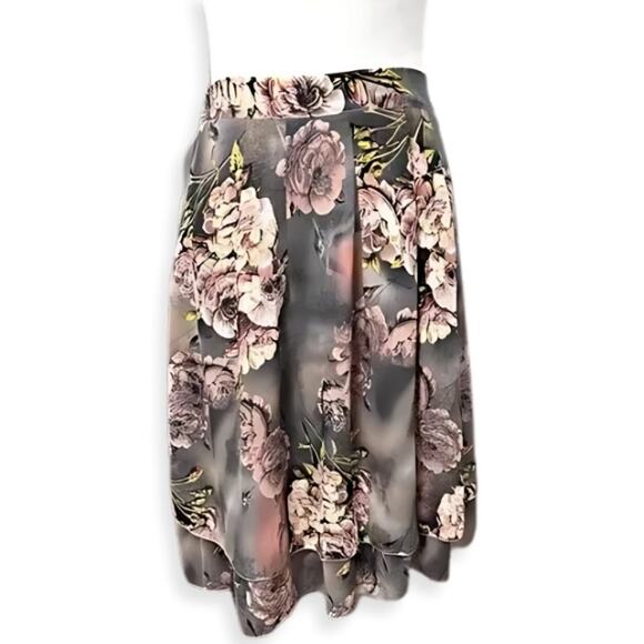 Classic Fashion A-Line Skirt Floral Layered Hem Elastic Waist Pink/Gray W Large - Picture 1 of 8